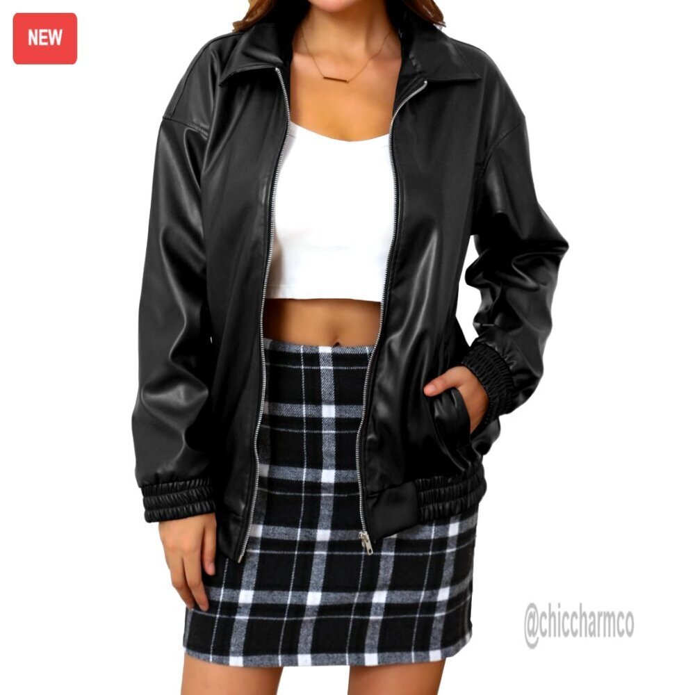 Oversized Faux Leather Bomber Jacket, Motorcycle Style, Zip Front, Relaxed Fit